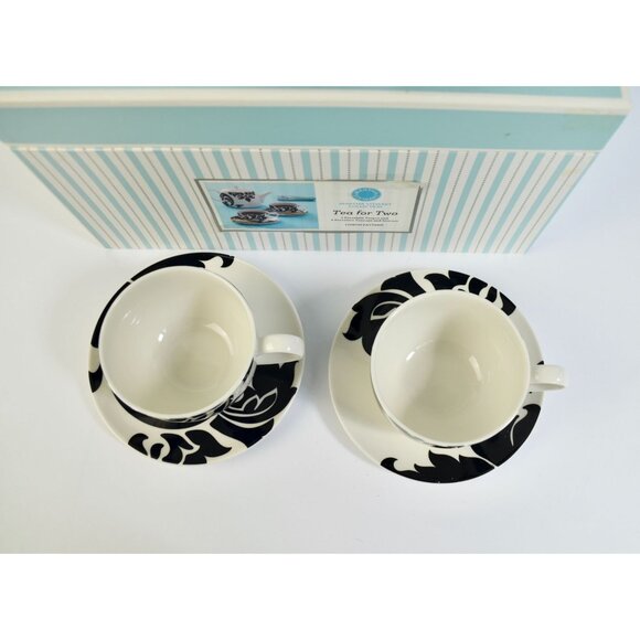 Martha Stewart Tea for Two Lisbon Black White Teapot Saucers Teacups NEW - Picture 4 of 7